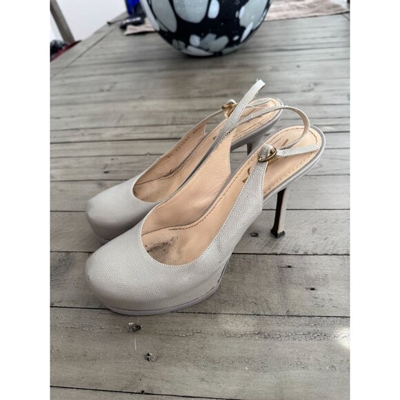YSL Yves Saint Laurent Grey Leather Tribtoo Tribute Platform Slingback Pumps 6.5 - Picture 2 of 12